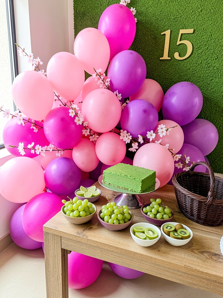 Mesa de festa com decoração boho, incluindo arranjos florais secos e letreiro neon rosa ao fundo