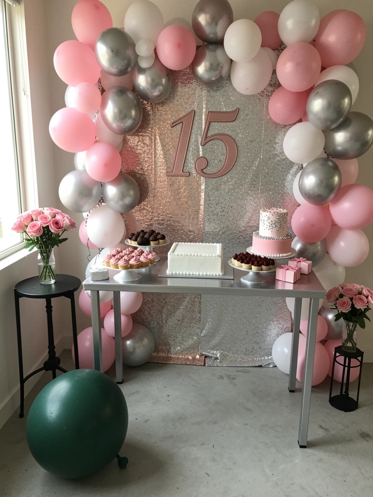 Mesa decorada com flores rosas, brancas e detalhes prateados em ambiente claro