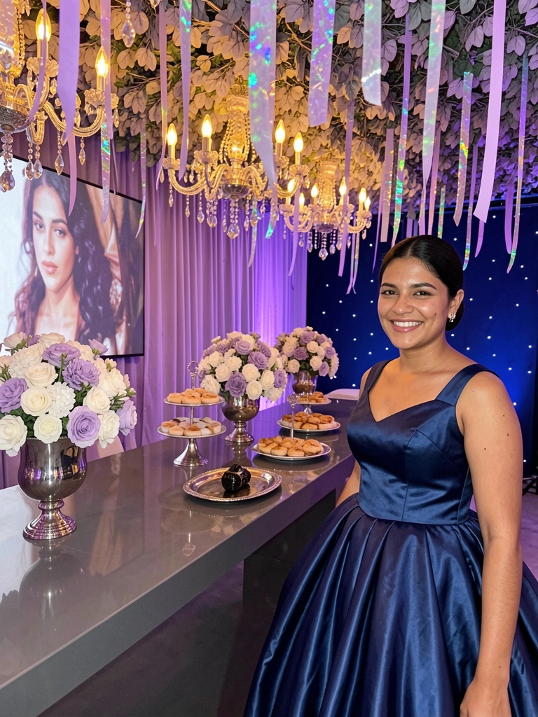 Mesa decorada com toalha lilás e painel de papel holográfico atrás