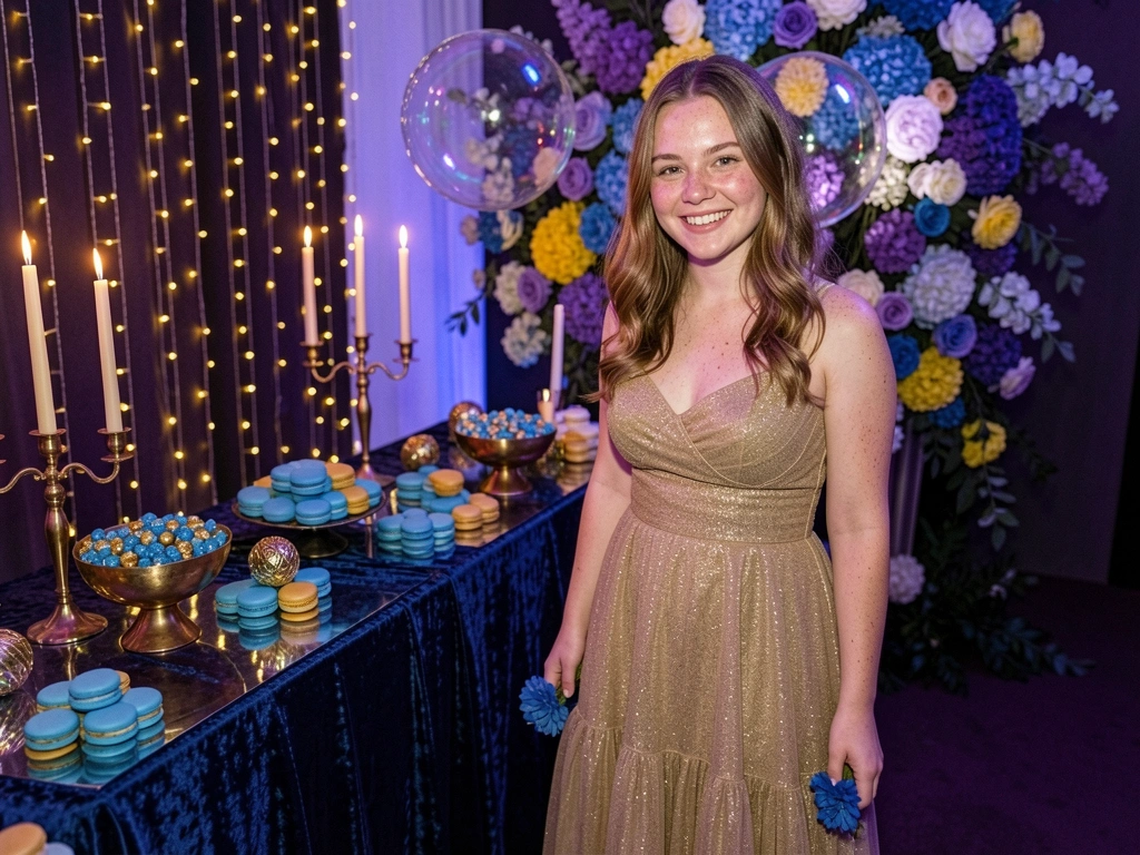 Mesa de doces com iluminação colorida em tons de rosa e azul, combinando com a decoração da festa.