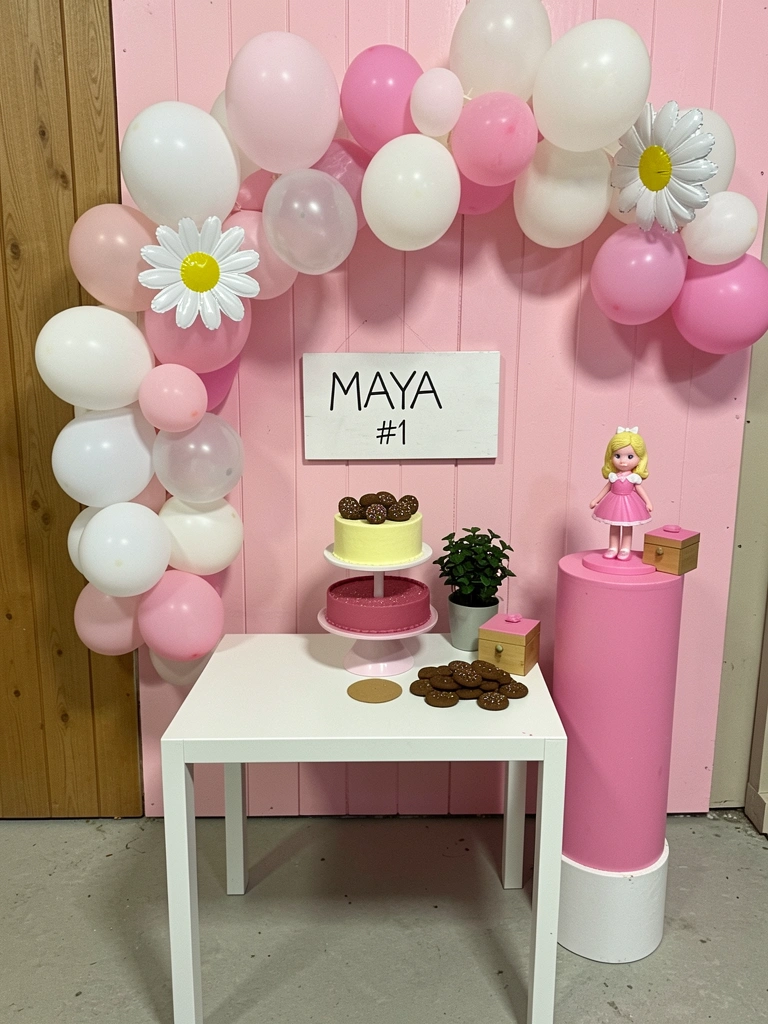 Mesa de festa com margaridas brancas e amarelas, bolo decorado ao centro, ambiente claro e alegre