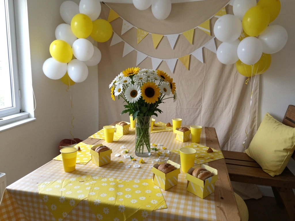 Sala decorada com margaridas, balões e bandeirinhas para chá de bebê
