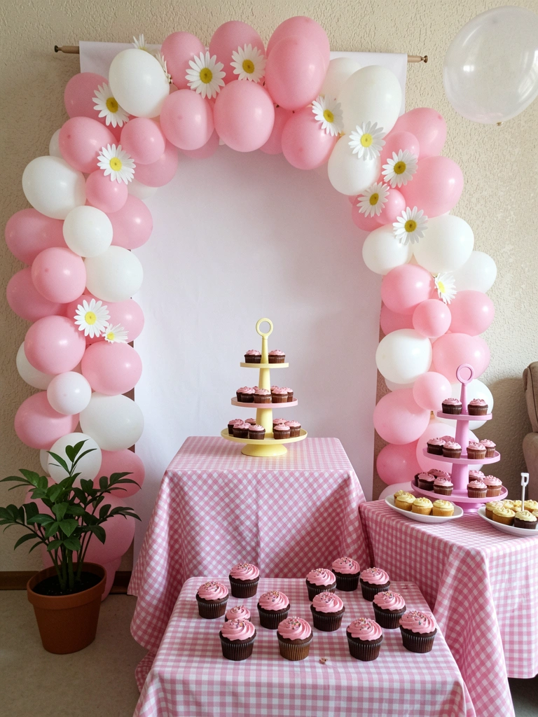 Mesa de festa com toalha xadrez, margaridas brancas e amarelas em vaso, balões pastel ao fundo