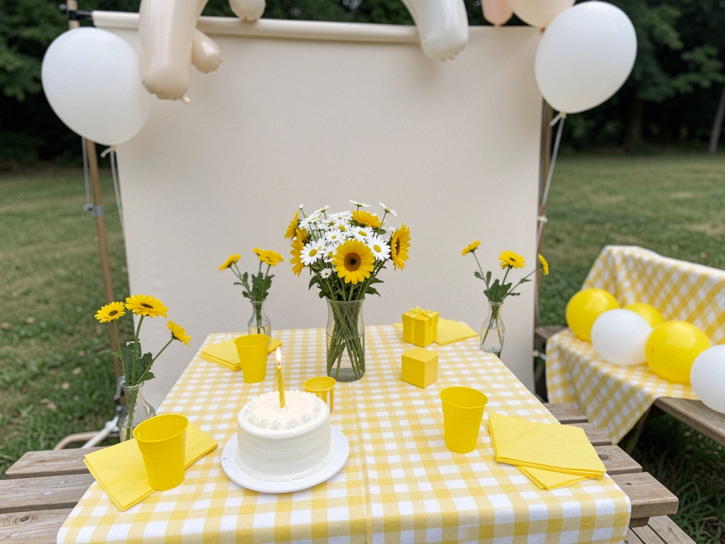 Mesa de festa infantil com bolo decorado com margaridas, docinhos e arranjos florais em tons de amarelo e branco.
