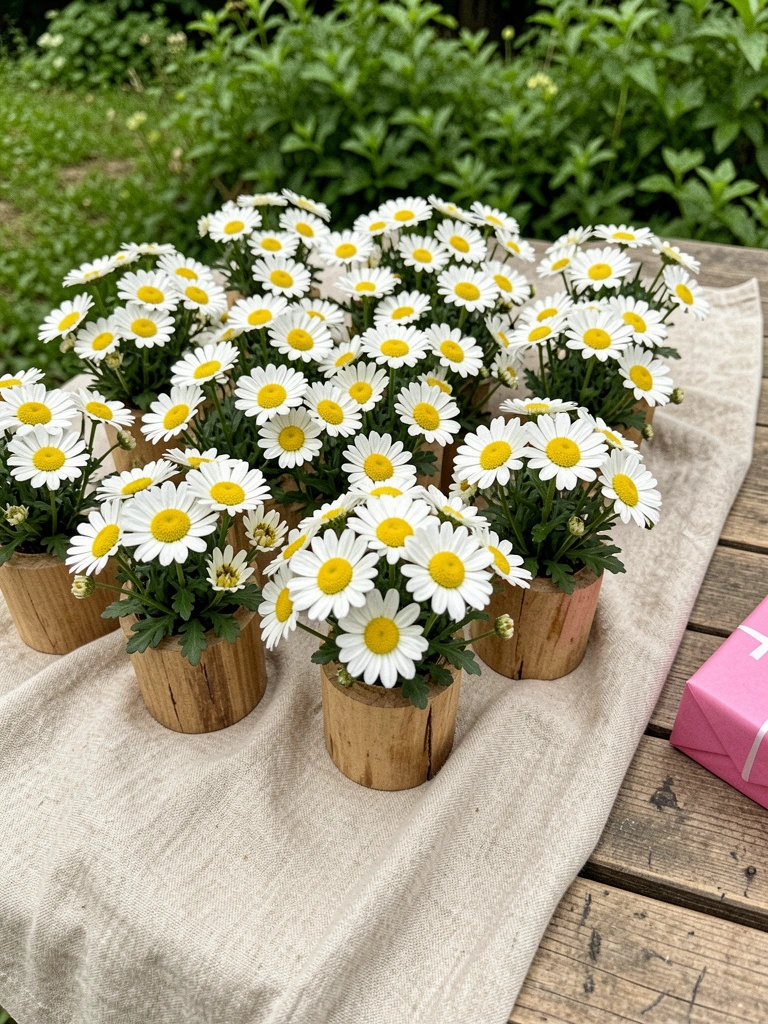 Mesa rústica com margaridas em vasos de madeira e tecido neutro ao fundo
