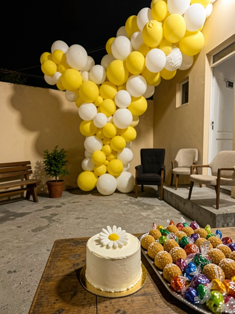 Bolo branco com topper de margaridas e doces decorados sobre mesa