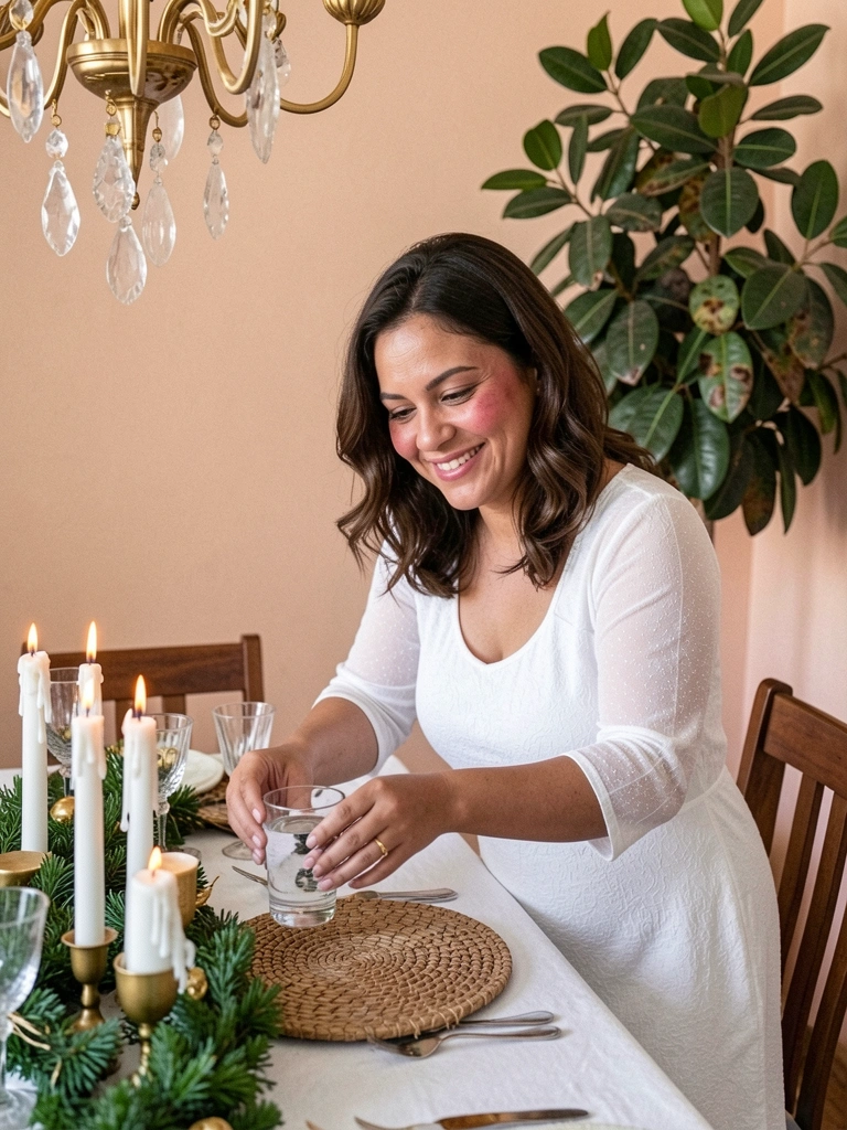 Mesa posta para festa de ano novo com toalha branca, velas douradas acesas e taças de champanhe ao fundo