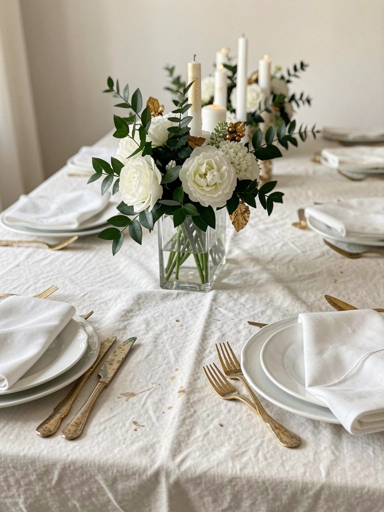 Mesa posta com toalha branca, sousplat branco e arranjo de flores brancas