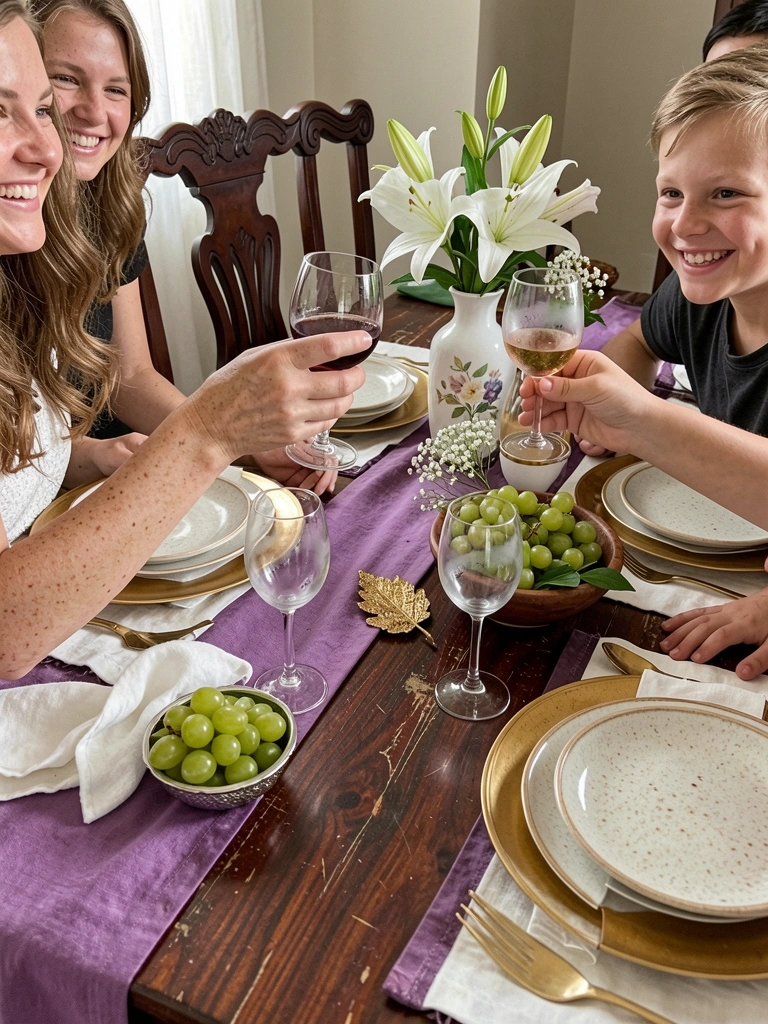 Família ao redor de mesa posta com taças, sorrindo durante ceia de Ano Novo
