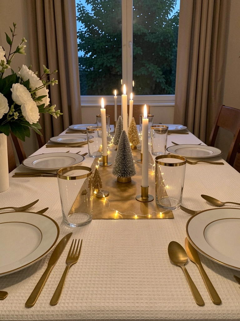 Mesa posta ao anoitecer com velas brancas e luzes LED acesas