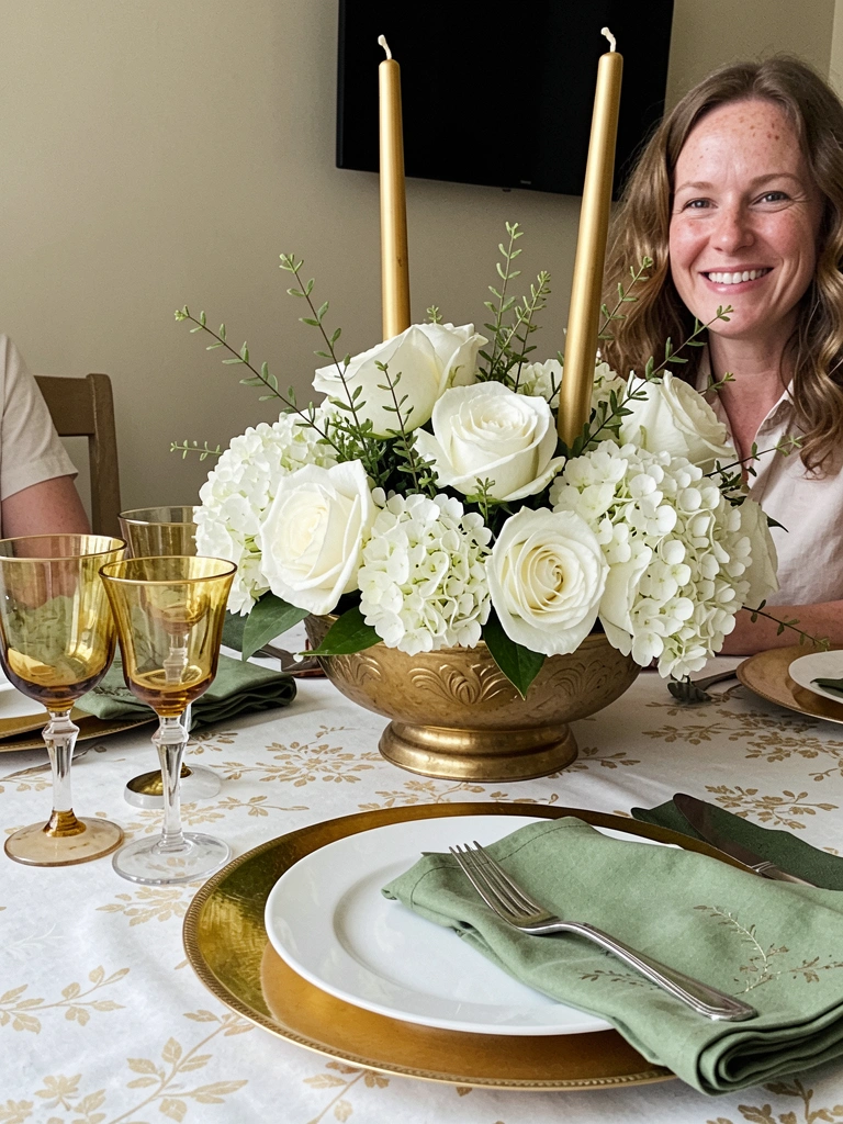 Mesa posta com toalha branca, sousplat dourado e velas acesas