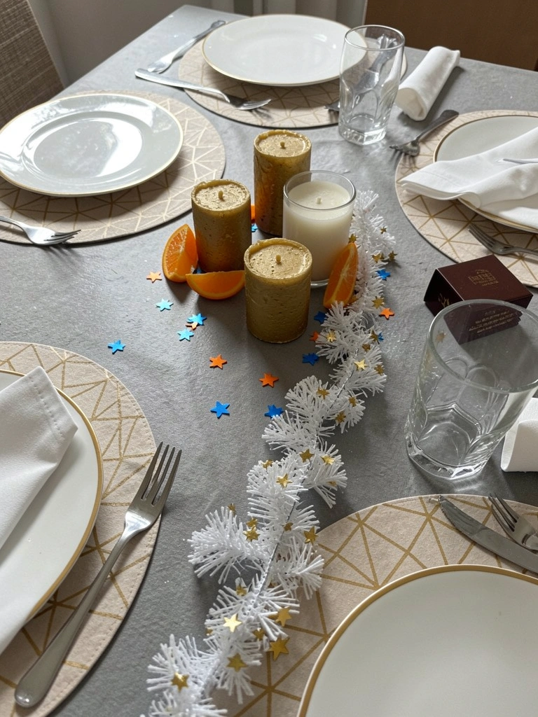 Mesa posta para Réveillon com louça branca, taças de vidro e detalhes em laranja e azul