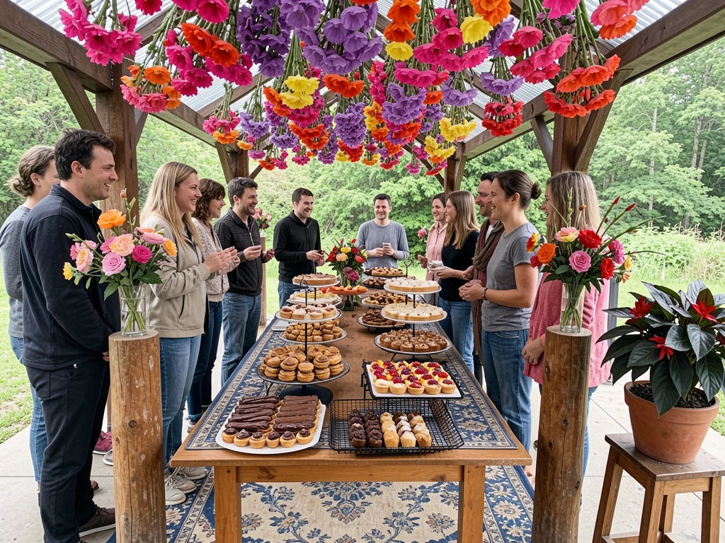 Convidados conversando ao redor de mesa decorada para casamento