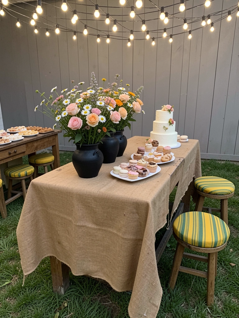 Mesa rústica com toalha de juta e vasos de flores do campo