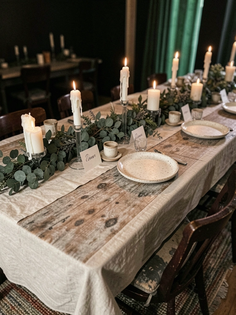 Mesa decorada com tapete, folhagens e louça artesanal em ambiente boho