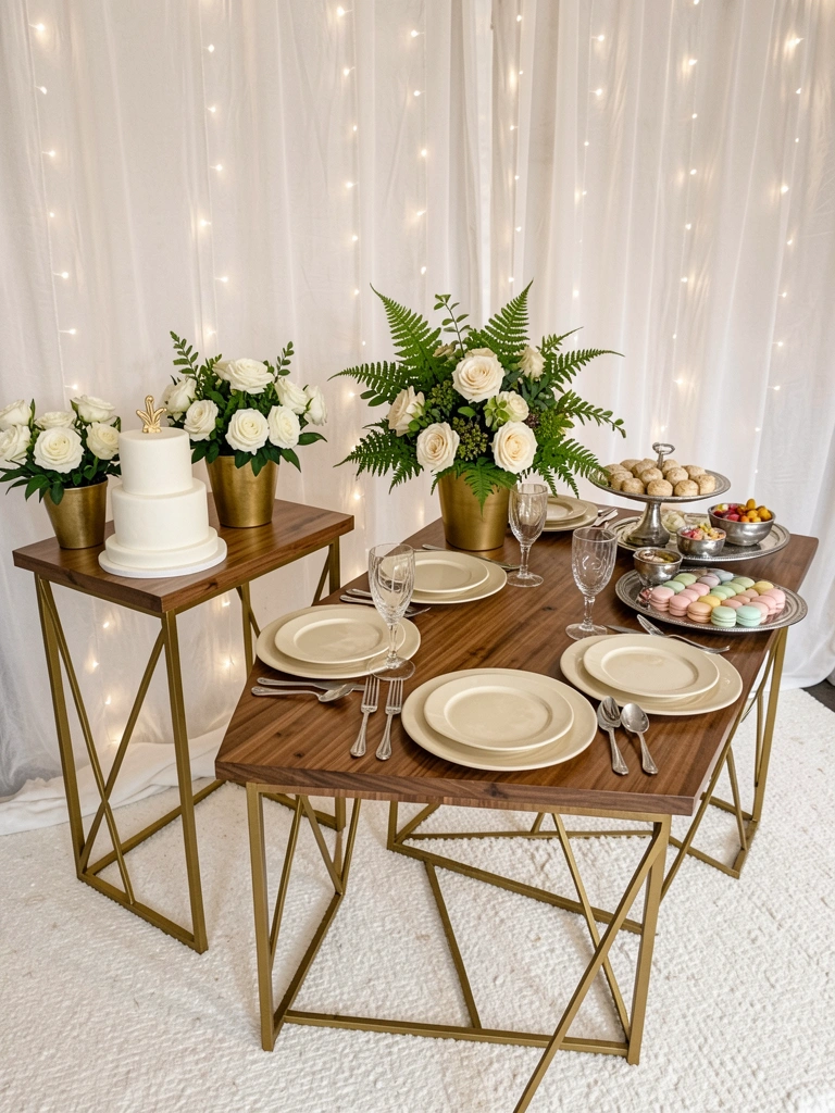 Mesa posta com sousplat branco, talheres de prata, copos de vidro e um arranjo central de flores