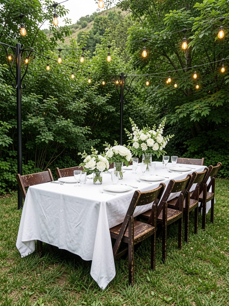 Mesa de casamento com três arranjos de flores em alturas diferentes