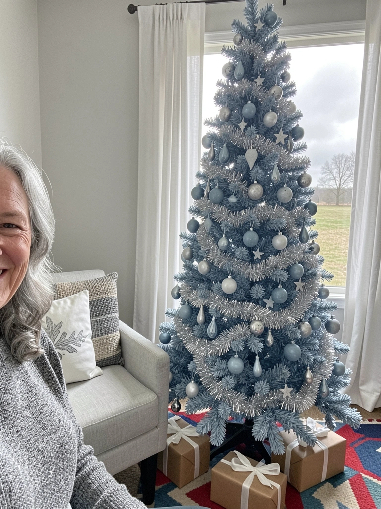 Sala de estar com árvore de Natal azul e branca, sofá claro e luz natural entrando pela janela