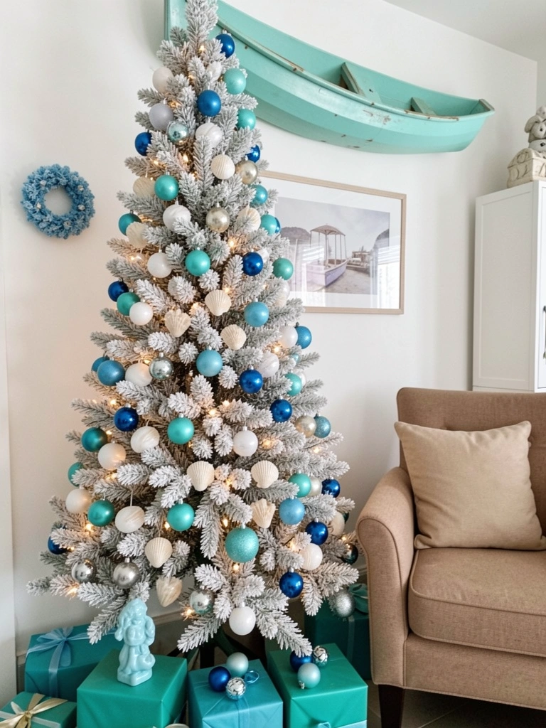 Sala clara com sofá azul, almofadas brancas e árvore de Natal decorada em tons de azul e branco