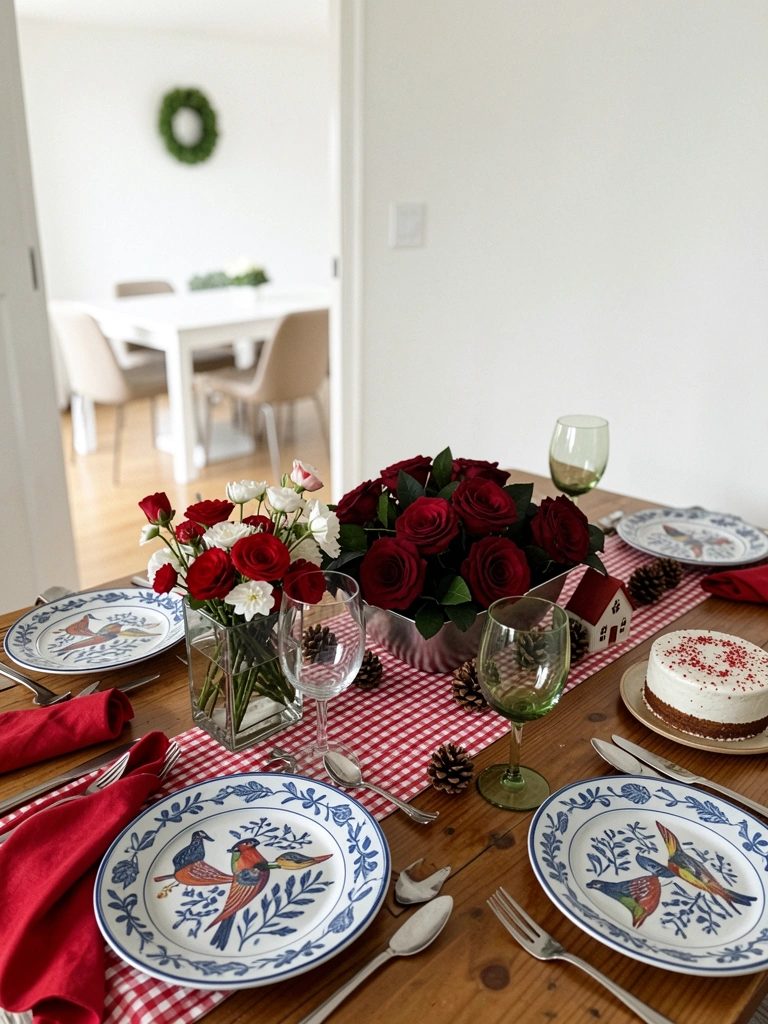 Ambientes com decoração de natal em tons de azul e branco, um com árvore ornamentada e outro com detalhes minimalistas