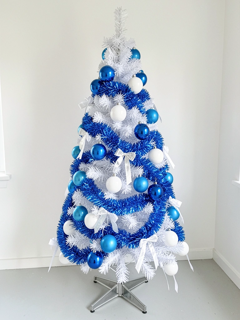 Árvore de Natal decorada com bolas azuis, brancas e laços