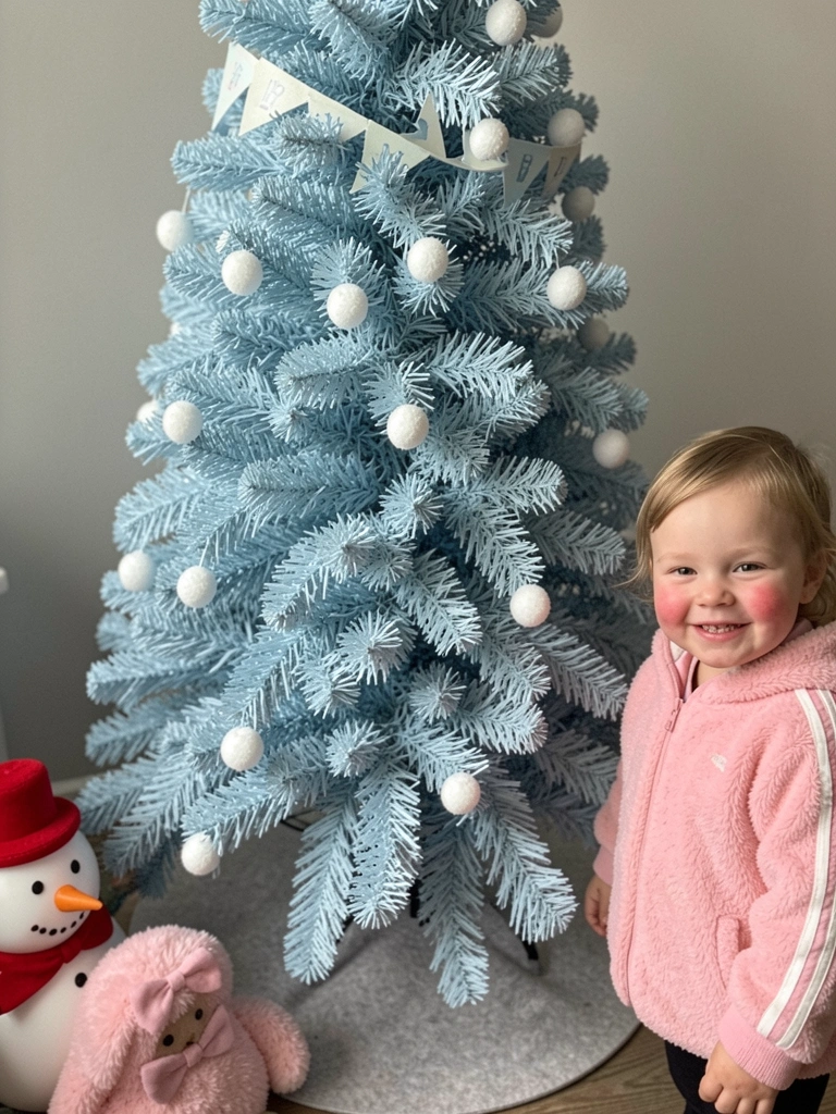 Árvore de Natal com enfeites em tons de azul e branco