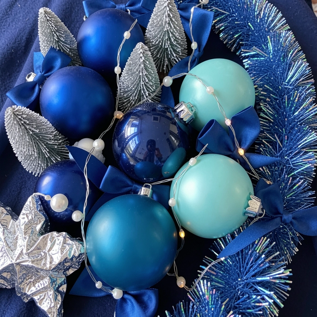 Detalhes de bolas azuis e brancas, laços e fios de pisca-piscas em uma árvore de Natal