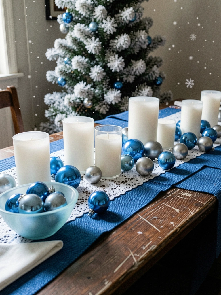 Árvore de Natal decorada com bolas azuis e brancas, coberta de neve artificial e flocos brancos caindo