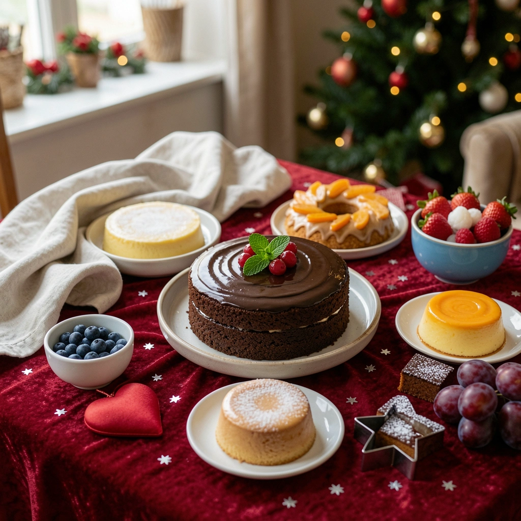 Mesa posta para ceia de Natal com pratos brancos, talheres prateados e enfeites vermelhos em sala decorada