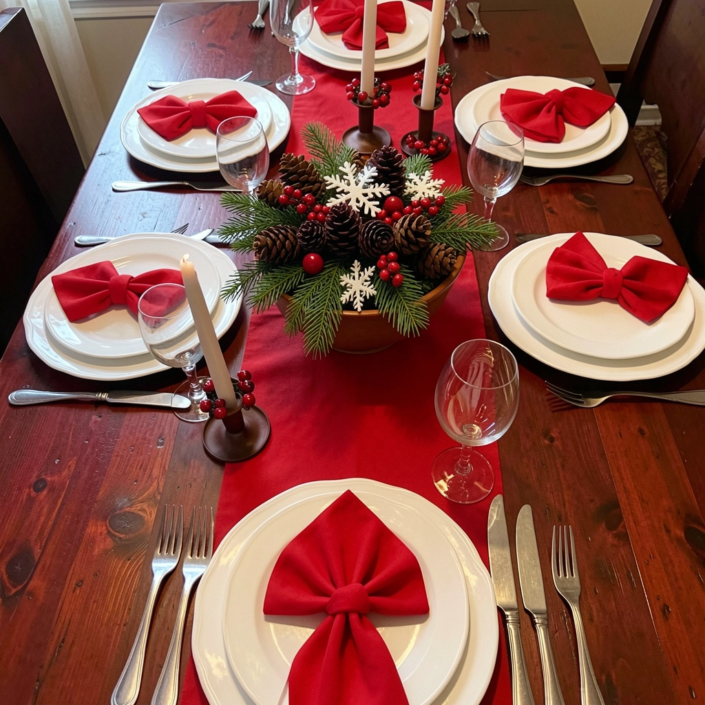 Mesa posta para ceia de Natal com sousplat, talheres, taças e guardanapos