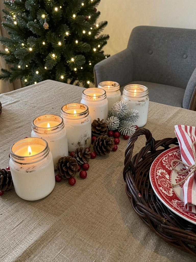 Mesa de natal com centro de mesa baixo composto por velas e pinhas sobre toalha neutra