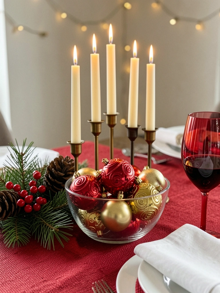 Centro de mesa com velas em castiçais de alturas variadas