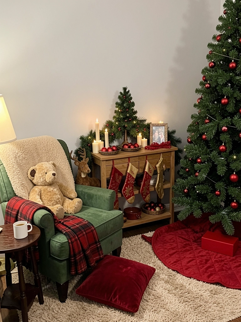 Rack de madeira decorado com mini árvore de Natal, guirlanda e bandejas com velas