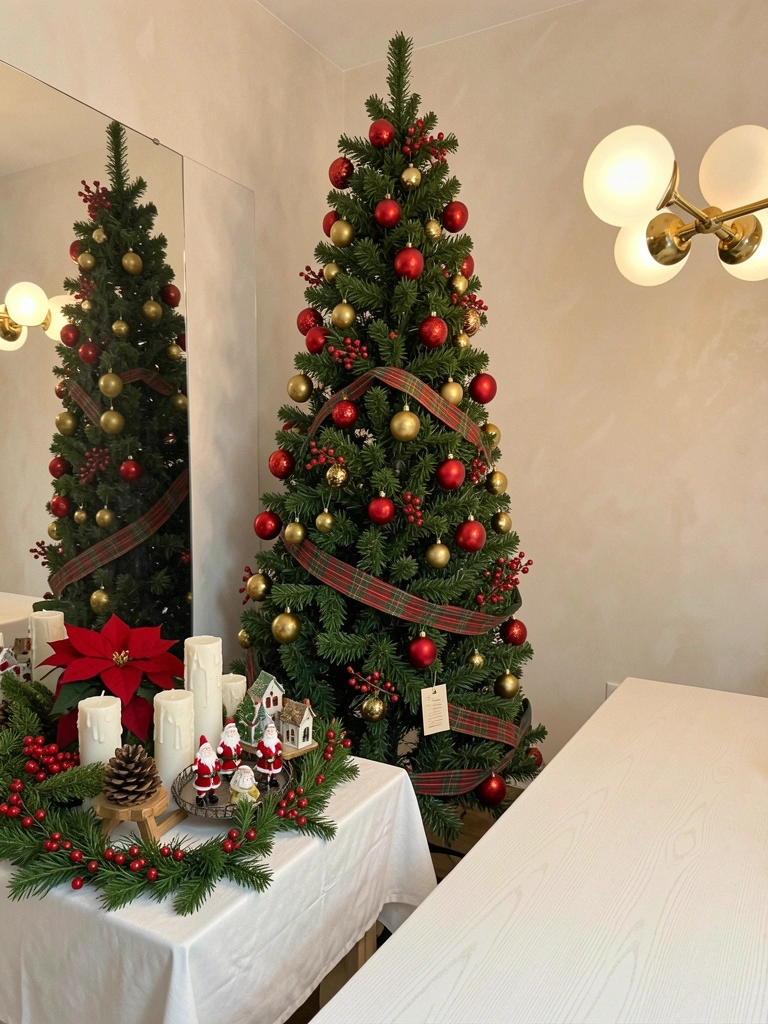 Bandeja sobre rack com miniaturas de Papai Noel e casinhas decorativas