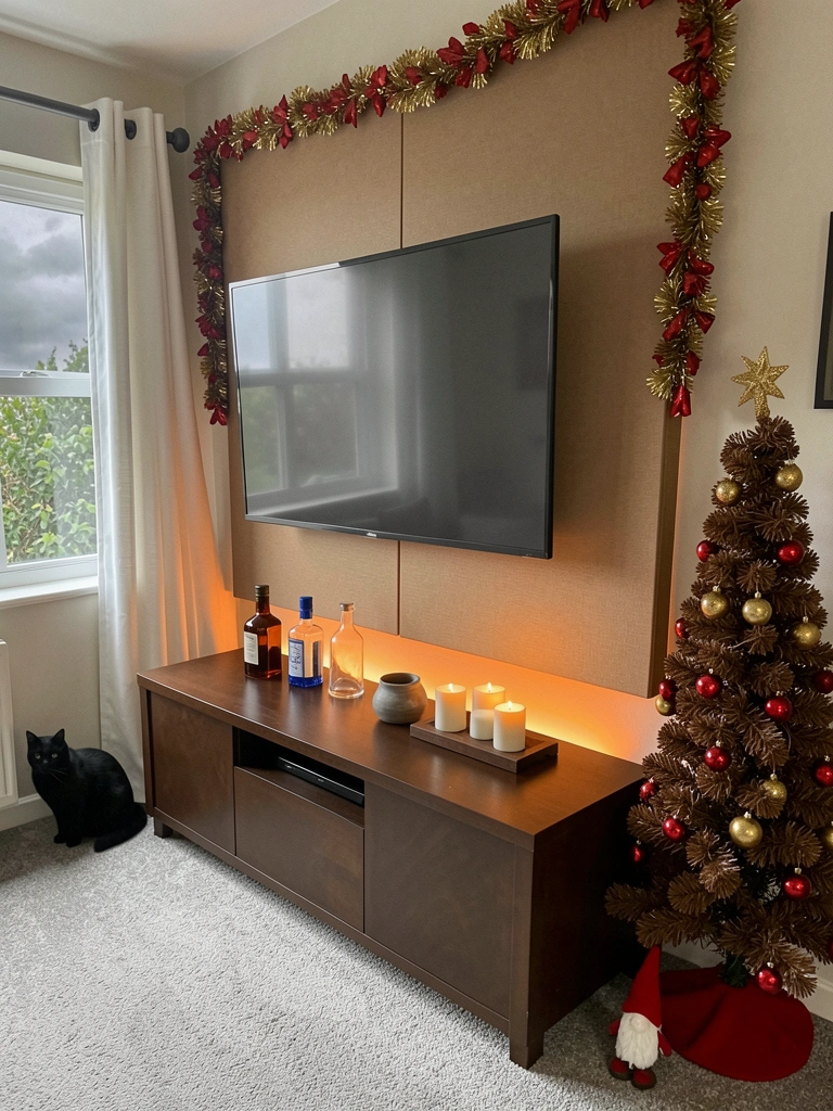 Sala com rack de madeira e fita de LED quente iluminando a parede ao fundo