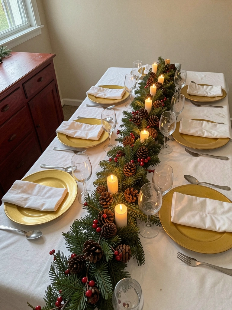 Mesa posta para o Natal com velas acesas, pinhas e luzes quentes ao fundo