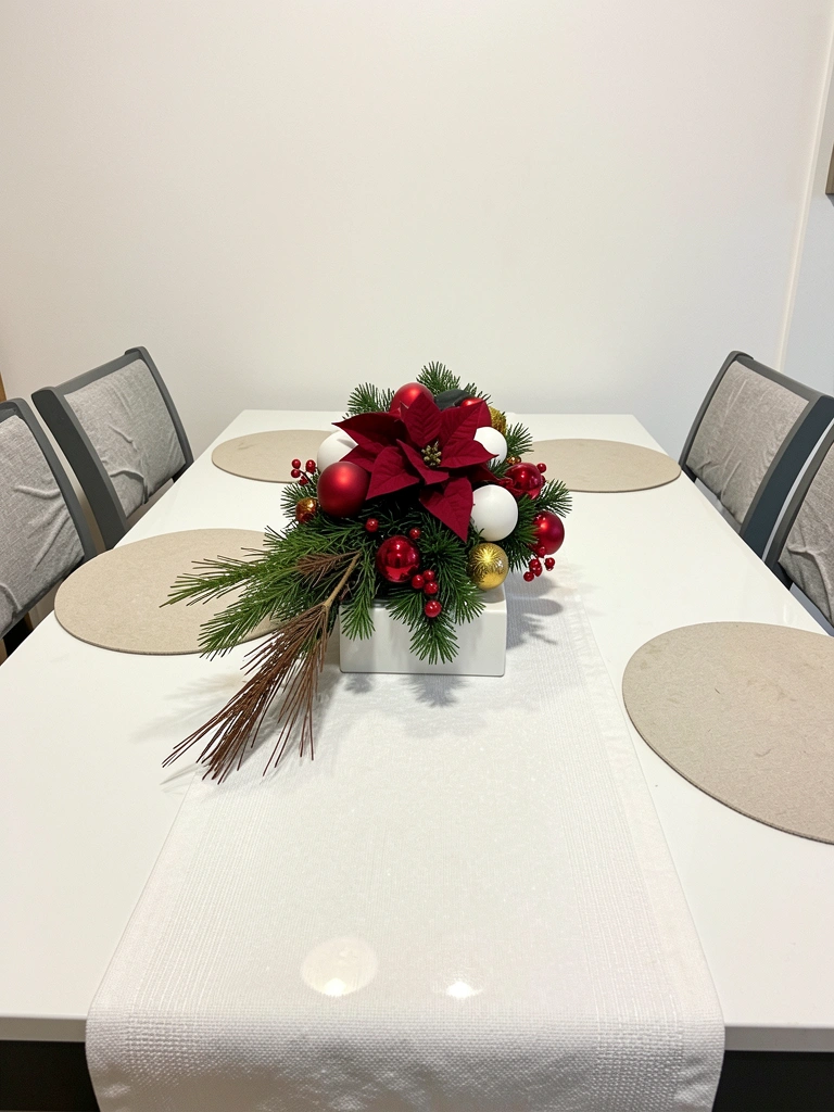 Mesa de jantar com sousplat e caminho de mesa em tons neutros