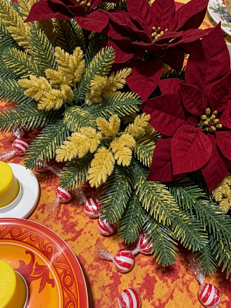 Mesa de natal com três arranjos de centro de mesa em estilos diferentes, com louças brancas, talheres e taças, iluminação suave e tons de verde, vermelho e dourado