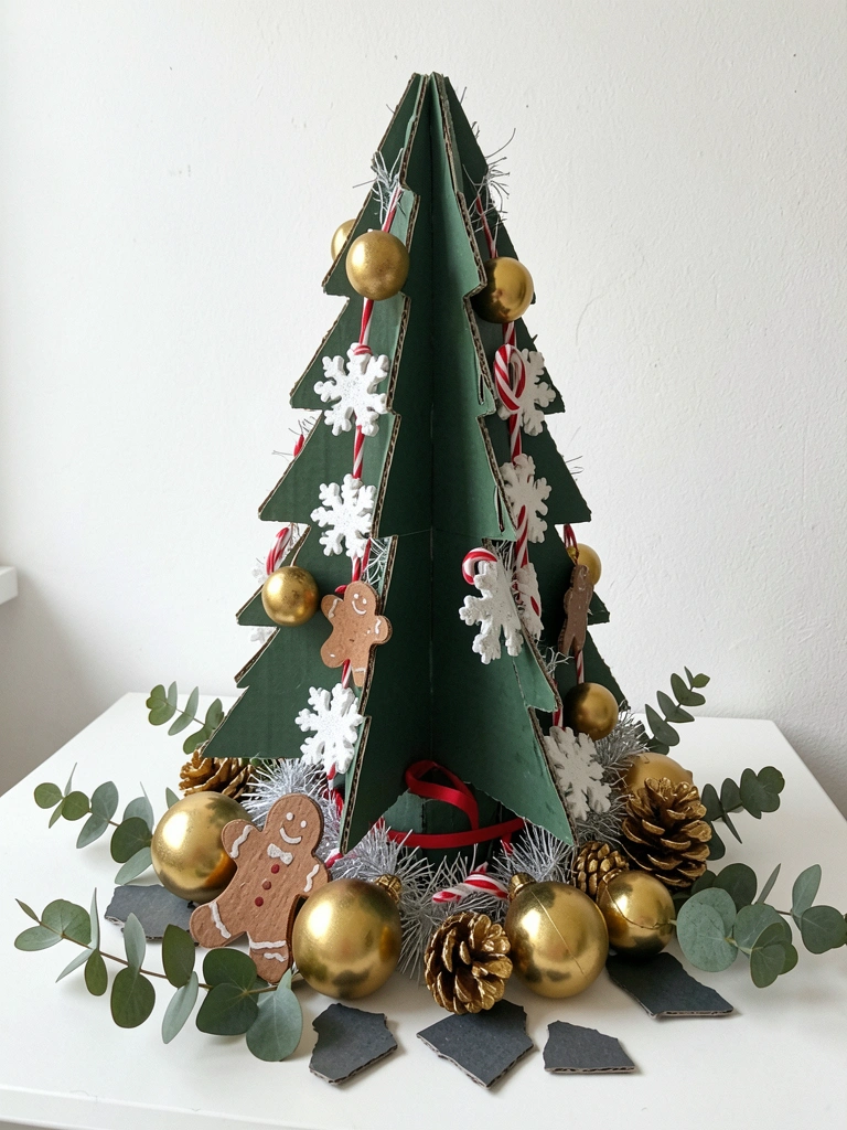 Arranjo de natal com pinhas douradas e ramos de eucalipto sobre mesa