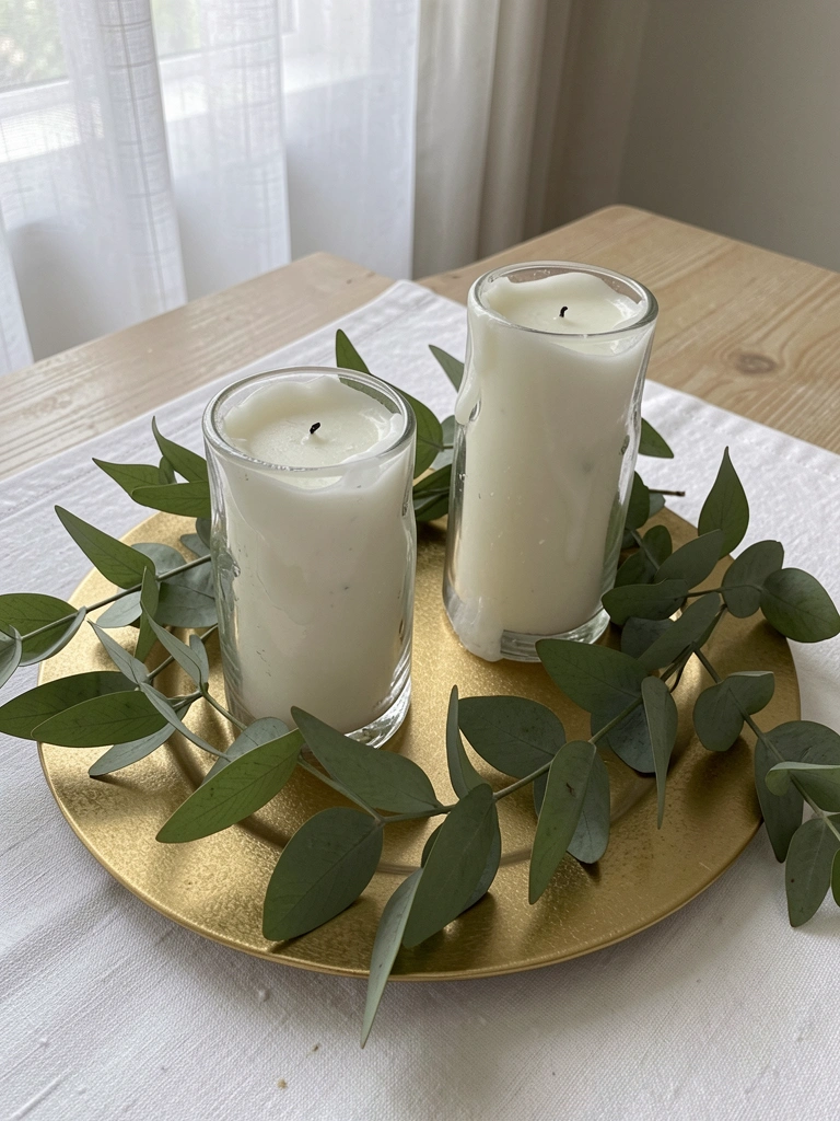 Sousplat dourado sobre mesa, com velas brancas e ramo de eucalipto ao centro