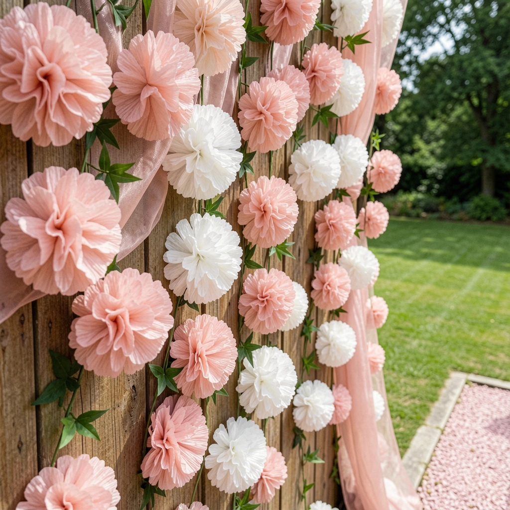 Parede clara decorada com pompons de papel crepom em tons pastel, pendurados em alturas variadas