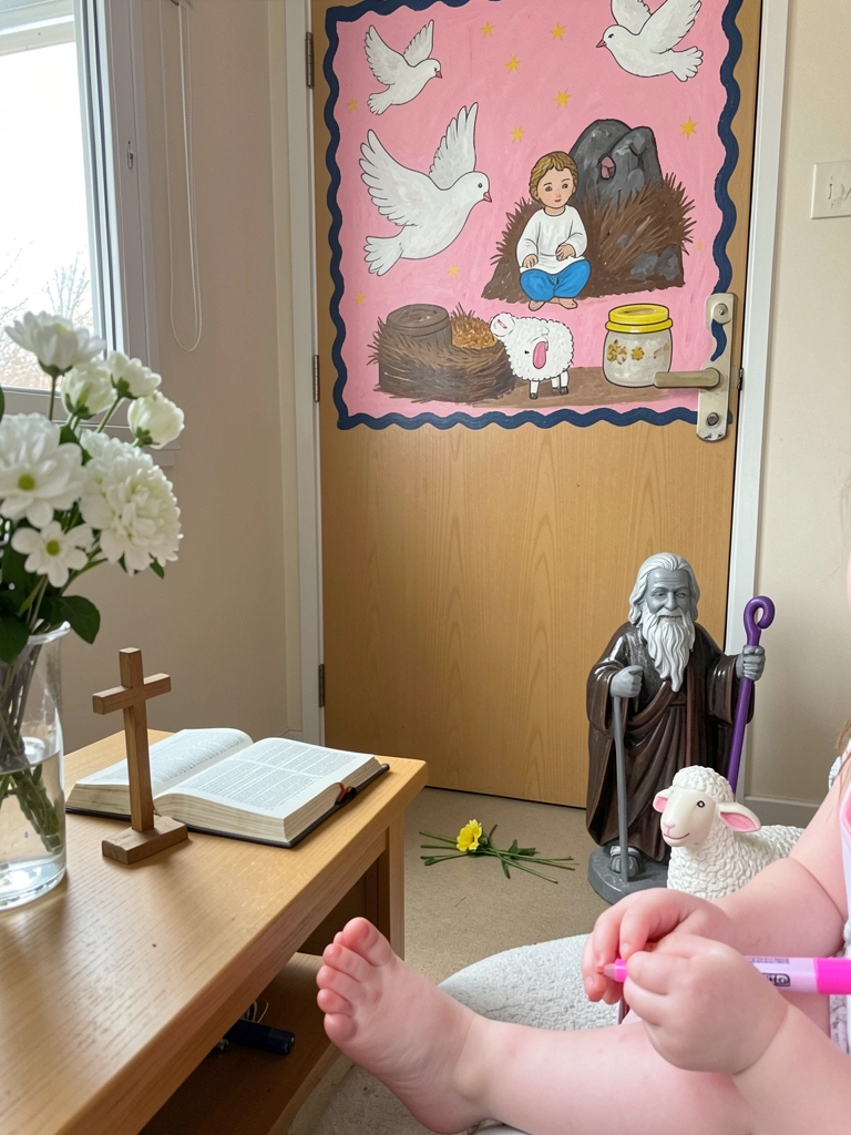 Sala de estar clara com cruz de madeira sobre mesa, flores brancas em vaso e Bíblia aberta ao lado