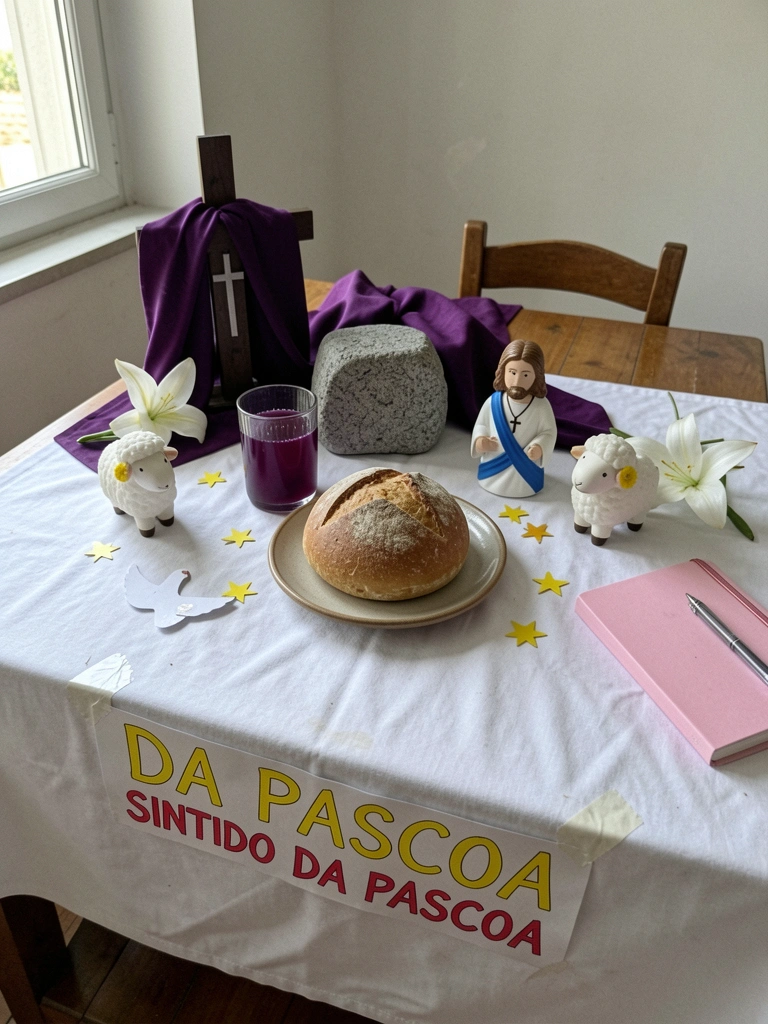 Mesa posta com toalha branca, pão e copo de suco de uva