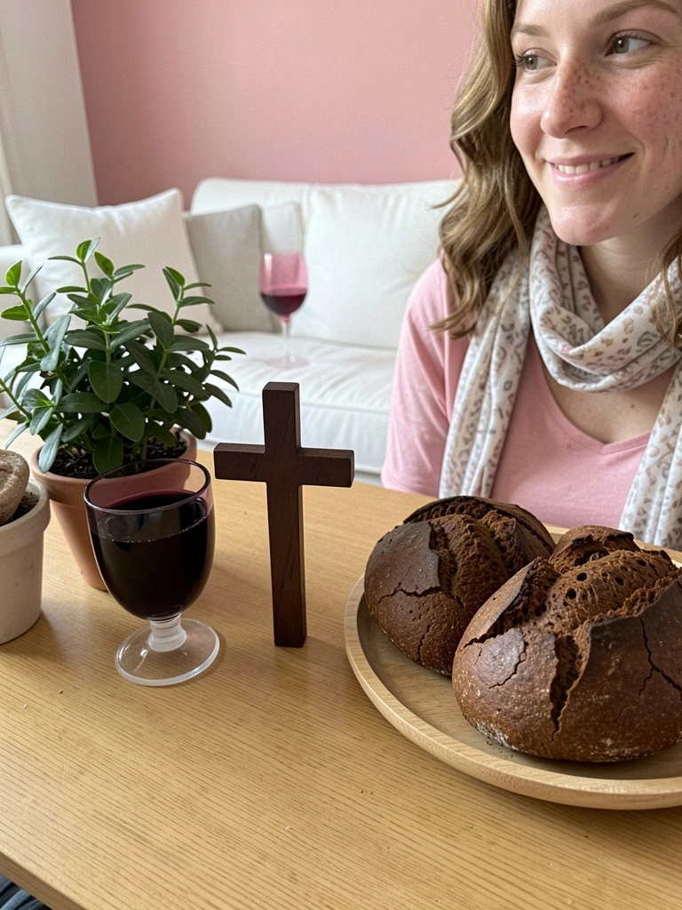 Mesa da Santa Ceia com pão e cálice de suco de uva, em ambiente decorado para a Páscoa