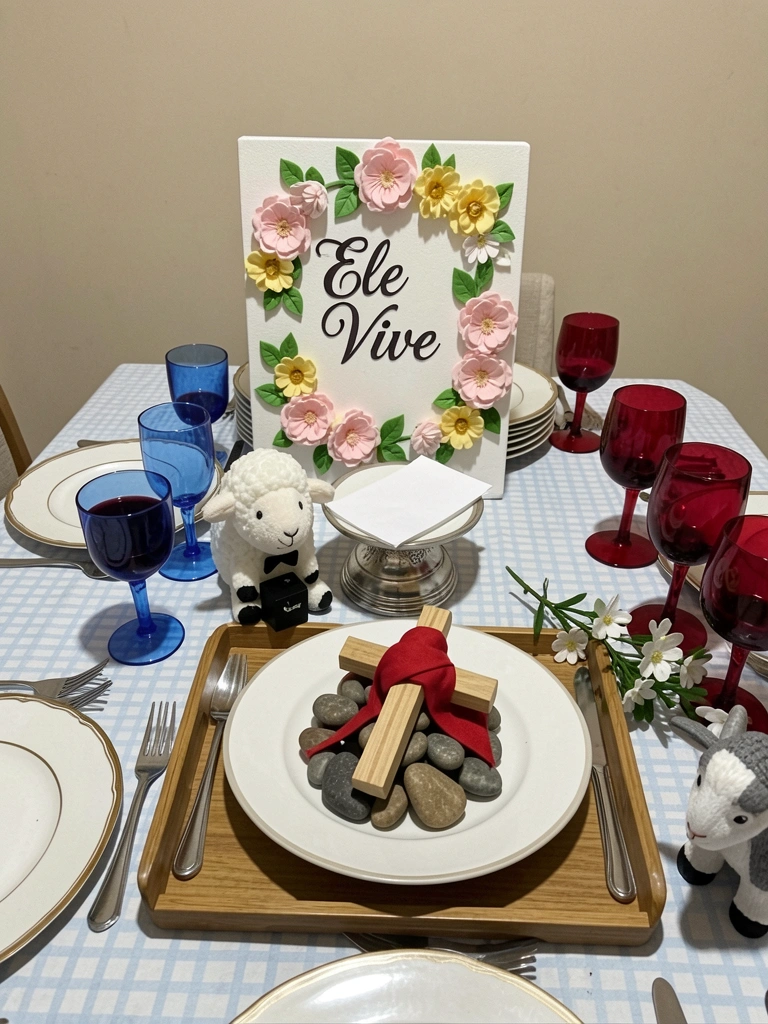 Painel artesanal de EVA com a frase Ele Vive e flores coloridas