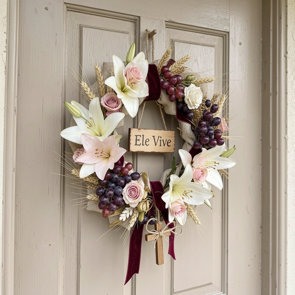 Guirlanda de flores secas pendurada em porta de madeira, com placa Ele Vive