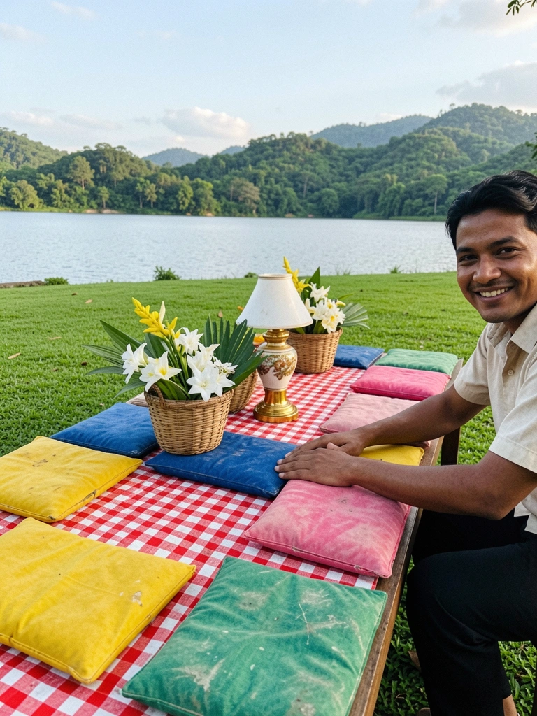 Toalha xadrez vermelha e branca estendida na grama de um parque, com cesta de vime e alguns alimentos.