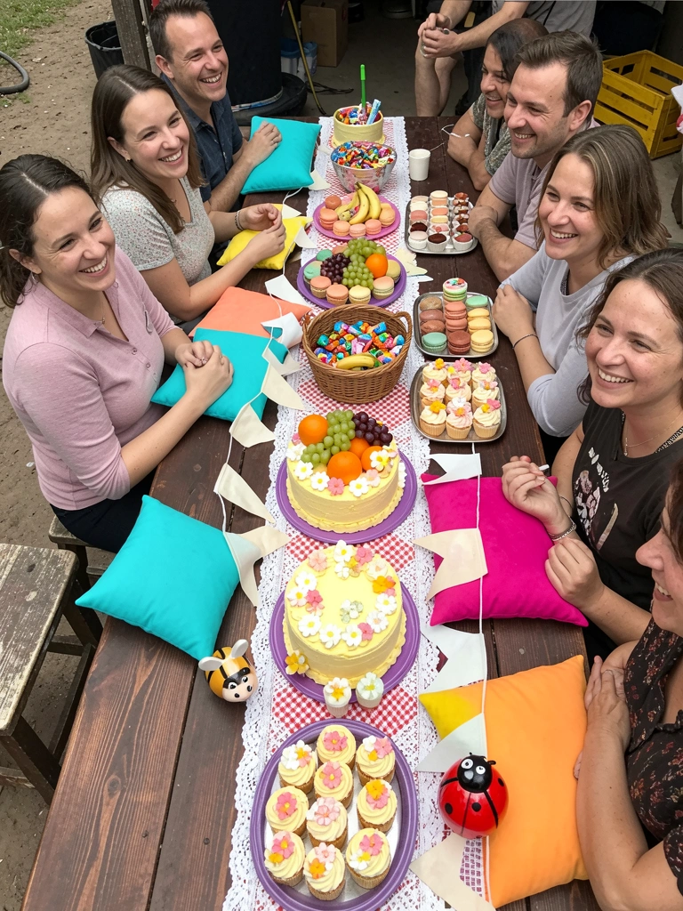 Almofadas coloridas sobre uma toalha de piquenique, com pessoas sentadas ao fundo