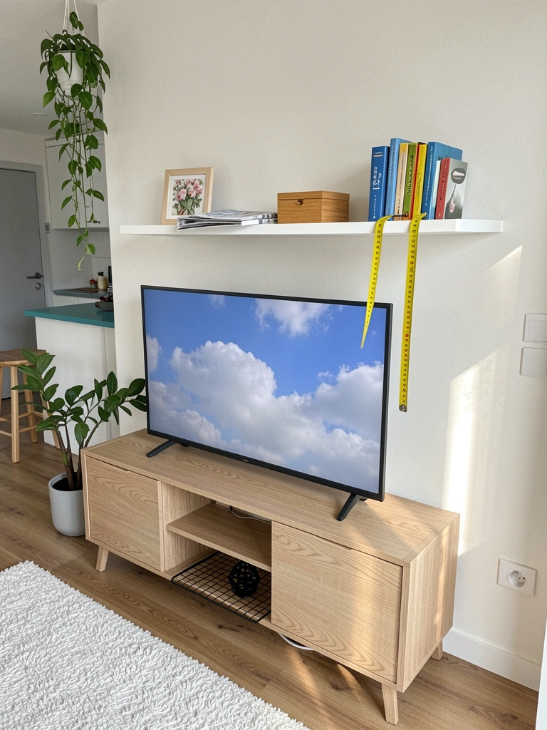 Sala de estar com TV montada na parede e prateleira flutuante 20 cm acima, fita métrica apoiada sobre a prateleira