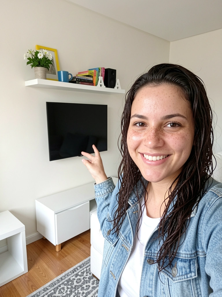 Prateleira de madeira sobre TV, separada por vão de 20 cm, com objetos decorativos